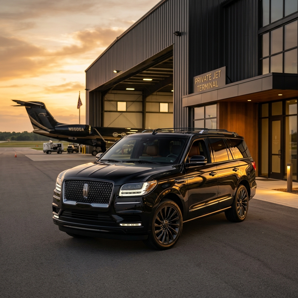 Sleek black Lincoln Navigator parked outside private jet hangar terminal at sunset