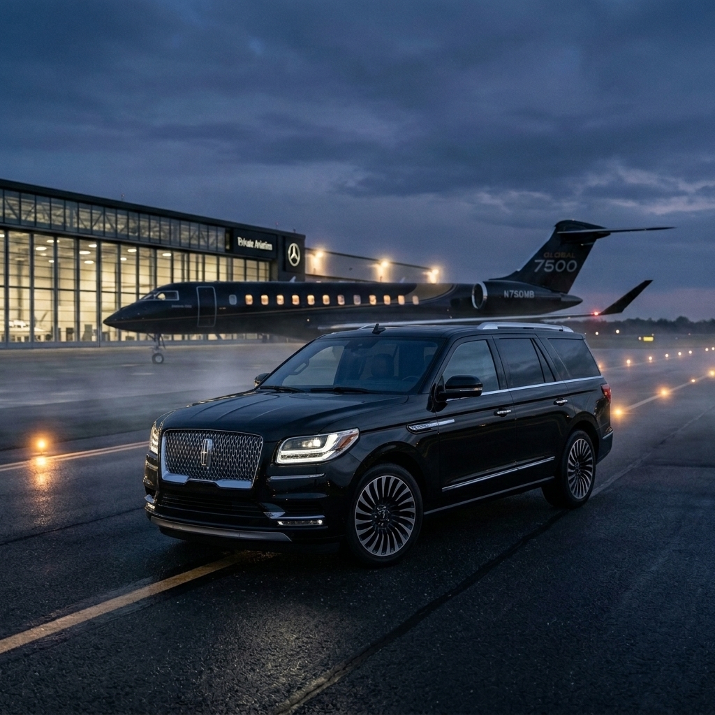 Luxury Lincoln Navigator SUV on hangar runway at dusk