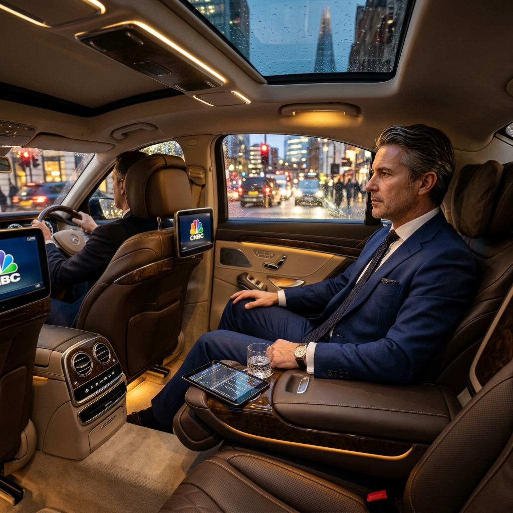 Corporate executive passenger in luxury sedan cabin